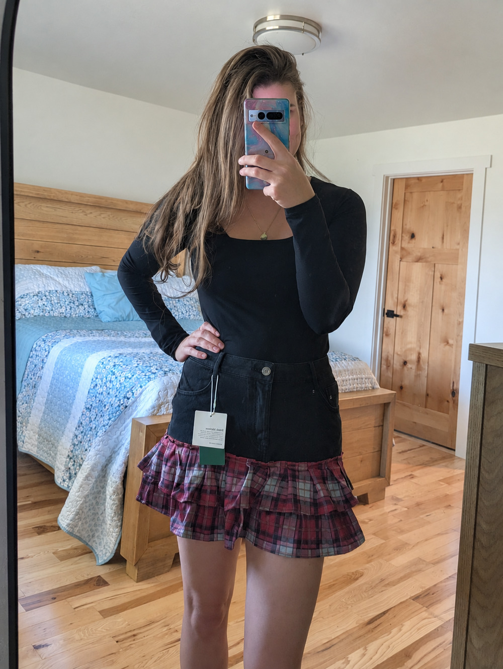 NWT Halara Denim Plaid Mini Skirt Size Large